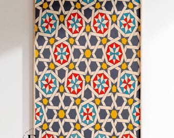 May include: A framed print of a geometric pattern with red, blue, yellow, and white stars on a dark blue background.