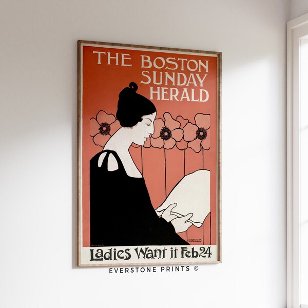 The Boston Sunday Herald | Vintage Poster | Eclectic Vintage Wall Decor | Ethel Reed | Art Nouveau Art | Digital Download |