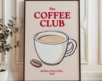 De koffieclub-poster | Retro Coffee Club print, keuken eetkamer decor, keuken muurkunst, trendy koffie kunst aan de muur, digitale download