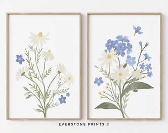 Set van 2 aquarel wilde bloemen | Kleurrijke heldere bloemenprints, botanische print, bloemenmuurkunst, lentebloemkunst, afdrukbare kunst
