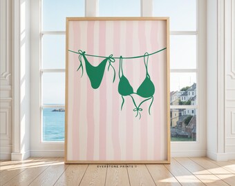 Impresión de bikini de verano / Póster de estética costera, impresión de playa, bikini en tendedero, arte mural moderno, impresión preppy, arte mural playero