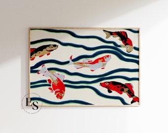 Koi Fish Print | Japanese Wall Art, Japandi Art, Woodblock Print, Fish Wall Art, Animal Art, Japan Wall Art, Asian Wall Art, Feng Shui Art