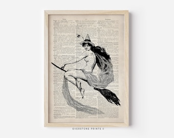 Witch on Broom Wall Art | Vintage Halloween Art | Halloween Wall Art | Witchy Art | Antique Halloween | Halloween Printable | Digital Prints
