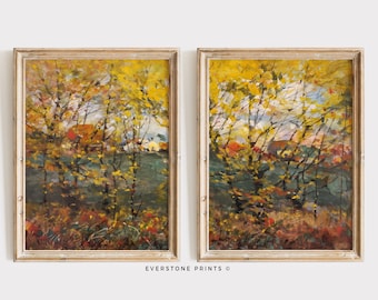 Set of 2 Fall Landscape Print | Fall Forest Landscape Printable Wall Art, Fall Wall Art, Autumn Landscape Oil Painting, Fall Seasonal Art