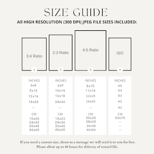 May include: A size guide for digital prints, showing different aspect ratios and corresponding measurements in inches and centimeters. The ratios include 3:4, 2:3, 4:5, and ISO. The guide also includes standard paper sizes like A5, A4, A3, and A2.