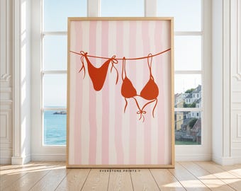 Impresión de bikini de verano / Póster de estética costera, impresión de playa, bikini en tendedero, arte mural moderno, impresión preppy, arte mural playero