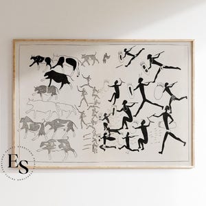 Cave Drawing | Stone Age Wall Art, Prehistoric Paleolithic Cave Art, Primitive Caveman Art, Vintage Sketch Art, Vintage Poster, Cave Art