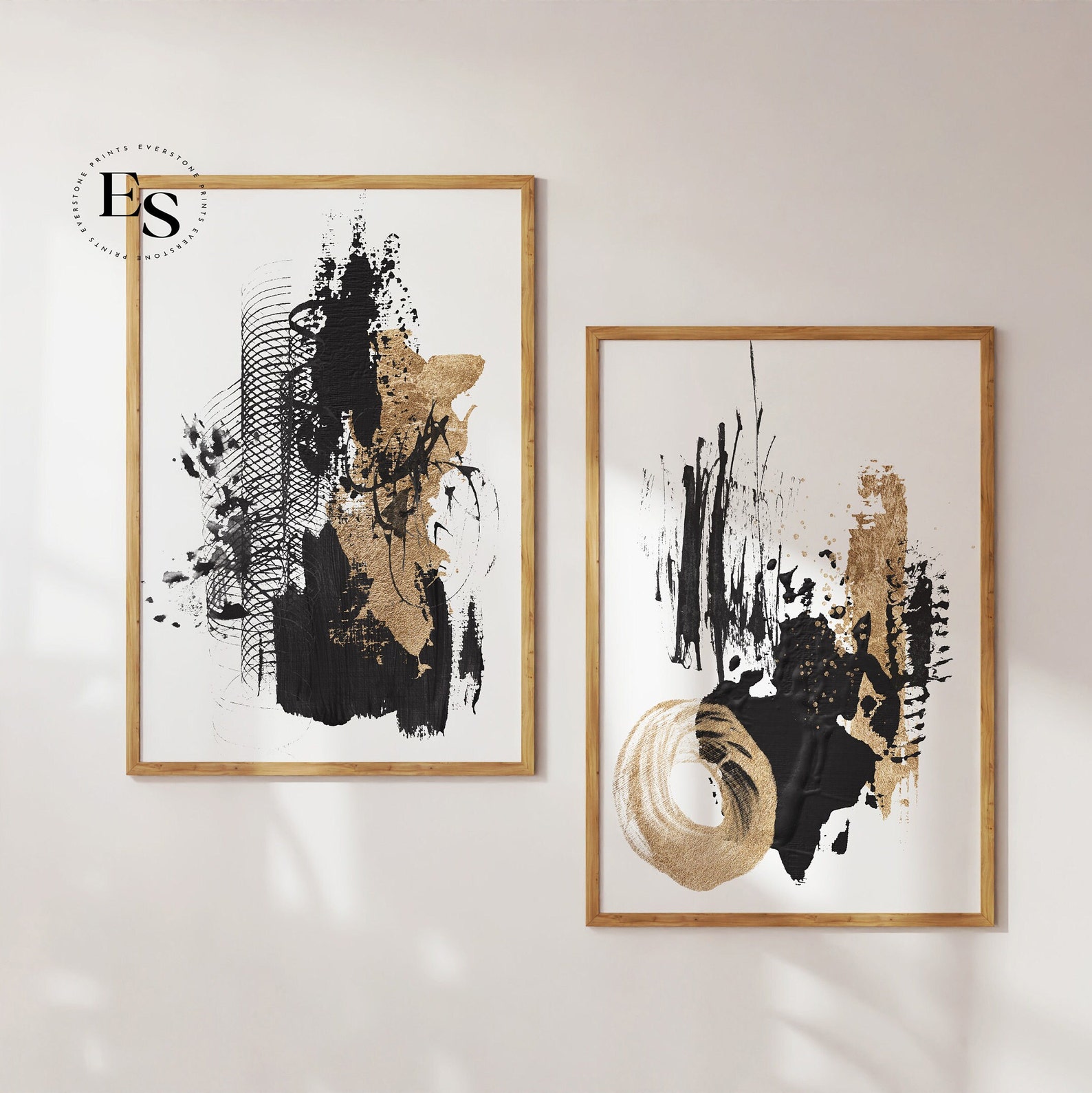 Abstract Black Gold Set of 2 Prints | Abstract Wall Art | Brush Stroke ...