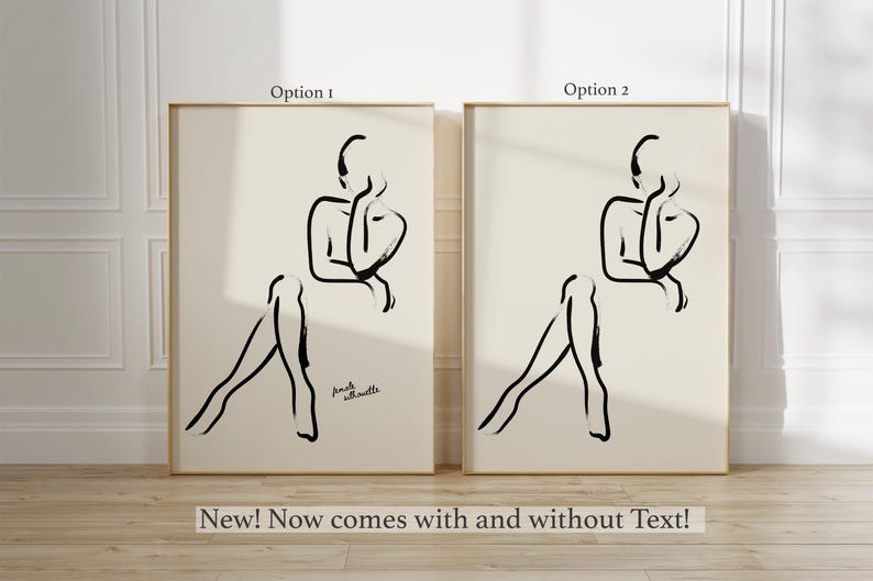Pu&ograve; includere: Due disegni in bianco e nero di una persona seduta con le gambe incrociate. I disegni sono su uno sfondo crema. Il testo "frank silhouette" &egrave; nell'angolo in basso a destra del disegno a sinistra.