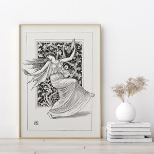 May include: Black and white line art print of a woman dancing in a flowing dress. The woman is holding a tambourine in her right hand and is surrounded by a vine-like pattern.