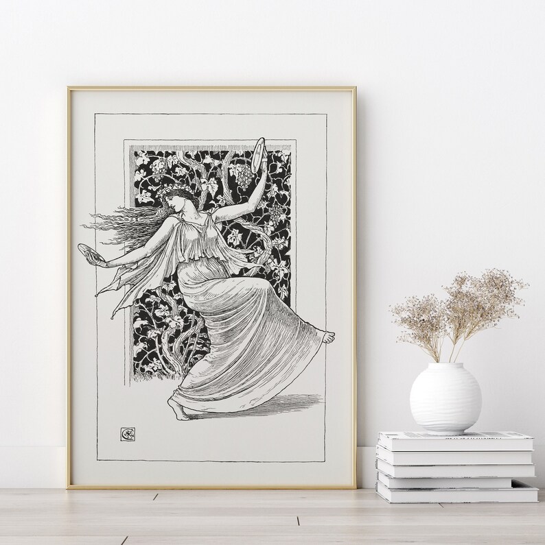 May include: Black and white line art print of a woman dancing in a flowing dress. The woman is holding a tambourine in her right hand and is surrounded by a vine-like pattern.