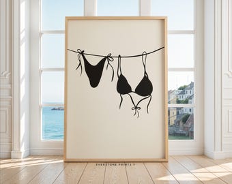 Impresión de bikini de verano / Póster de estética costera, impresión de playa, bikini en tendedero, arte mural moderno, impresión preppy, arte mural playero