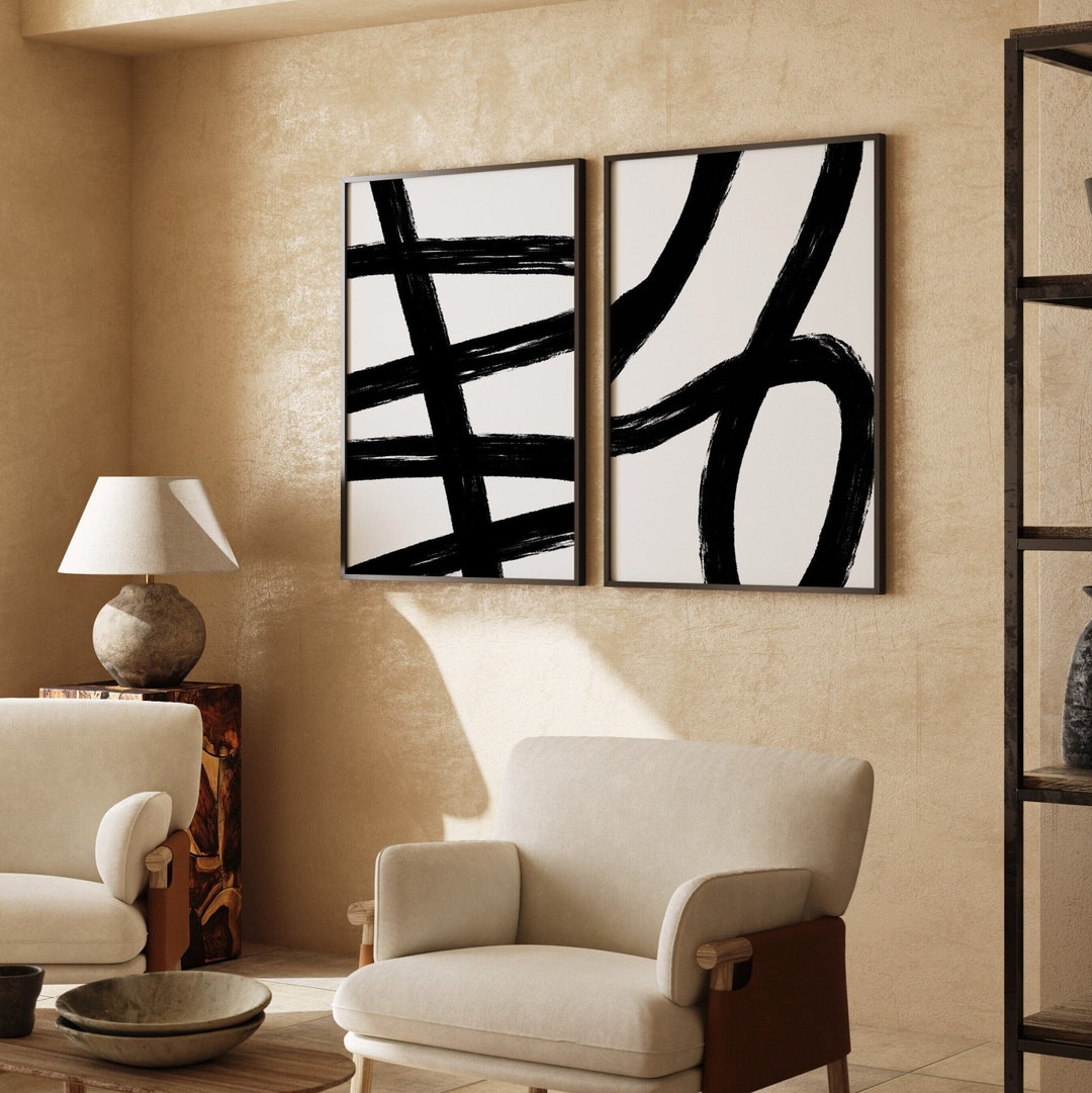 Set of 2 Abstract | Black White Abstract Set, Abstract Wall Set, Large ...