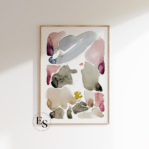 May include: Abstract watercolour painting of a woman wearing a hat. The painting is in shades of pink, blue, grey, and brown. The woman's face is partially obscured by the hat.