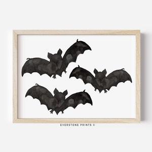 Halloween Art, Bats Art, Halloween Prints, Watercolor Bats, Spooky Halloween Wall Decor, Halloween Printable Art, Halloween Party Art