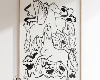 Dessin de cheval minimaliste | Art cheval vintage, dessin ancien, croquis abstrait, art mural cheval, croquis vintage, art cheval au trait