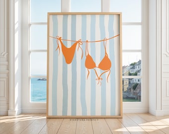 Impresión de bikini de verano / Póster de estética costera, impresión de playa, bikini en tendedero, arte mural moderno, impresión preppy, arte mural playero