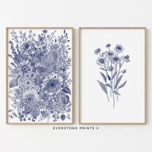 French Botanical Set of 2 | Blue Wall Art, Floral Wall Art, Vintage Botanical, Farmhouse Art, French Country Art, Printable Art