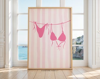 Summer Bikini Print | Coastal Aesthetic Poster, Beach Print, Bikini on Clothesline, Trendy Wall Art, Preppy Print, Beachy Wall Art