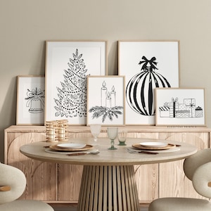 Galerijset van 5 kerstafdrukken | Vakantie muurkunst, kerst afdrukbaar huisdecor, minimalistische kerstgalerij muurkunst, kerstversiering