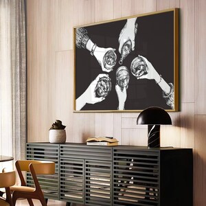 May include: Black and white illustration of four hands raising glasses in a toast. The hands are drawn in a sketchy style and the background is black.