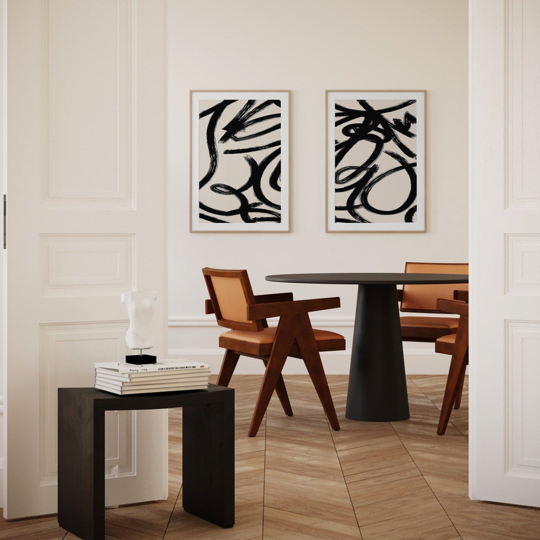 Abstract Set of 2 Prints | Black Beige Wall Art, Modern Minimalist Art ...