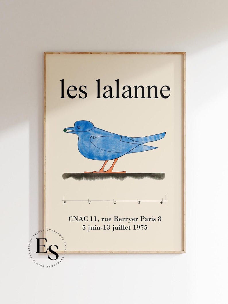 May include: A vintage poster with a blue bird illustration and the text "les lalanne" in black. The poster also includes the text "CNAC 11, rue Berryer Paris 8 5 juin-13 juillet 1975".