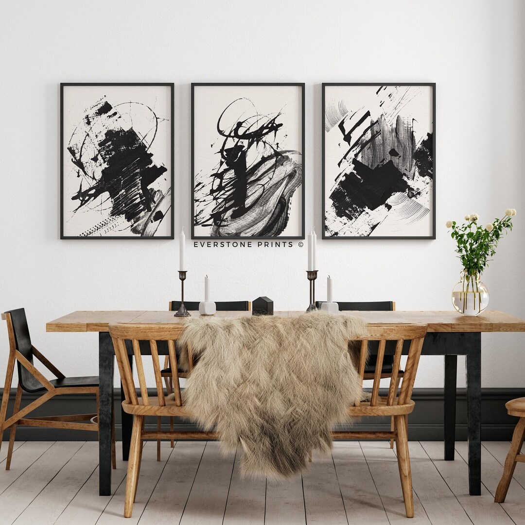 ABSTRACT SET OF 3 Black Wall Art Minimal Prints Brush - Etsy