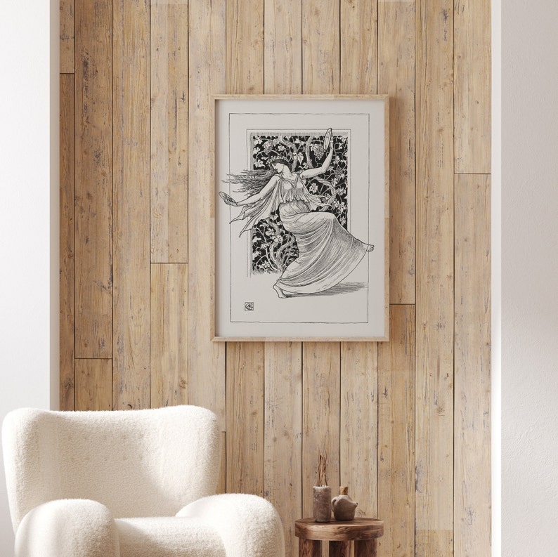 May include: A black and white line drawing of a woman dancing in a forest setting. The drawing is framed and hanging on a wooden wall.