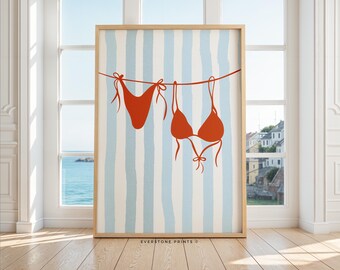 Impresión de bikini de verano / Póster de estética costera, impresión de playa, bikini en tendedero, arte mural moderno, impresión preppy, arte mural playero
