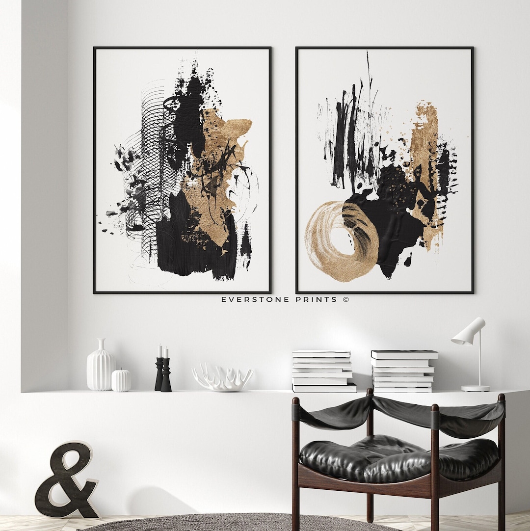 Abstract Black Gold Set of 2 Prints | Abstract Wall Art | Brush Stroke ...