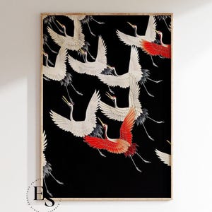 Japanese Crane Art | Japanese Wall Art | Asian Art | Bird Prints | Flying Cranes Print | Vintage Art Print | Printable Wall Art |