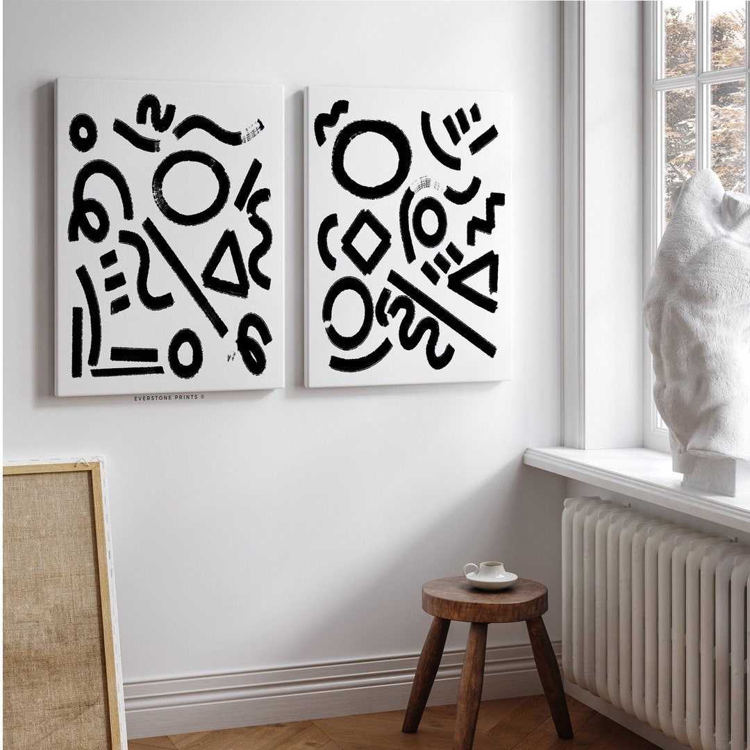Set of 2 Black Geometric Abstract Art | Black and White Abstract Art ...