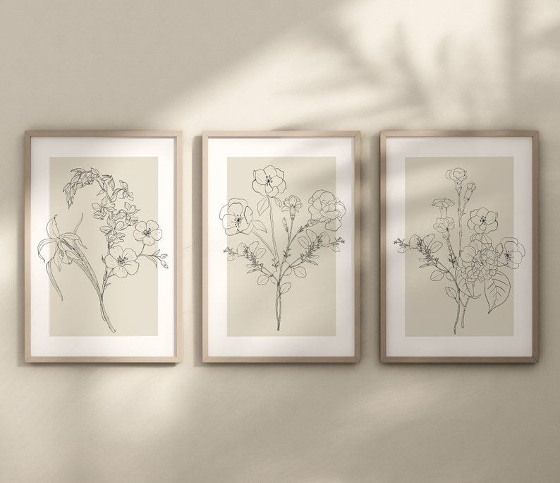 Flower Line Art Set of 3 Prints Botanical Wall Art Flower - Etsy