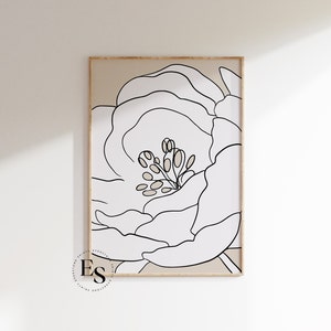 Pu&ograve; includere: Un disegno a linea di un fiore bianco con un centro marrone su uno sfondo beige. Il fiore &egrave; in uno stile semplice e minimalista.