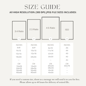 May include: Size guide for digital prints, showing different aspect ratios and corresponding inch and centimeter measurements. The ratios include 3:4, 2:3, 4:5, and ISO. The guide includes sizes from 6x8 inches to 50x70 centimeters.
