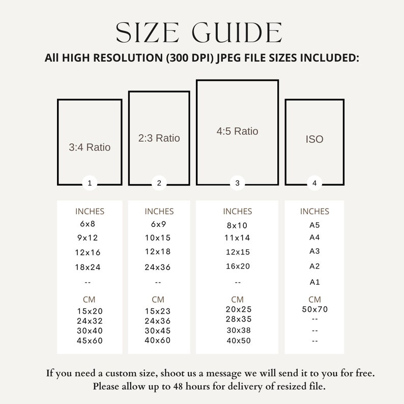 May include: Size guide for digital prints, showing different aspect ratios and corresponding inch and centimeter measurements. The ratios include 3:4, 2:3, 4:5, and ISO. The guide includes sizes from 6x8 inches to 50x70 centimeters.