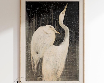 Stampa vintage di gru / uccello, stampa vintage di animali, arte murale vintage, poster giapponese, arte murale giapponese, download stampabile