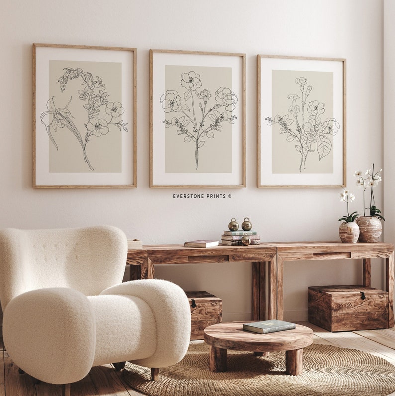 Flower Line Art | Set of 3 Prints, Botanical Wall Art, Flower Bouquet ...