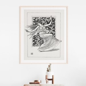 May include: Black and white line art print of a woman dancing with a tambourine in front of a vine-covered window. The print is framed in a light wood frame.