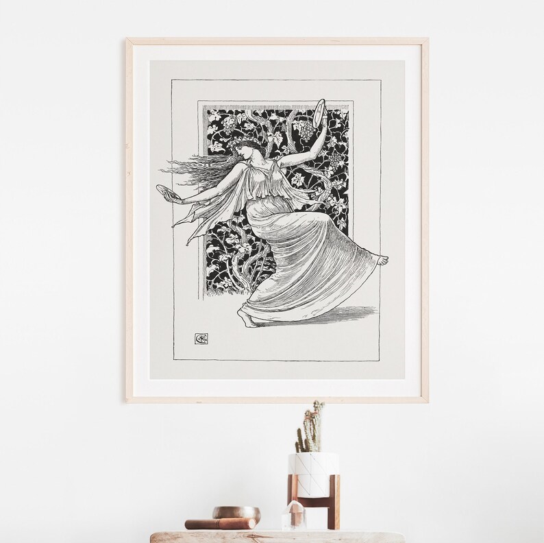 May include: Black and white line art print of a woman dancing with a tambourine in front of a vine-covered window. The print is framed in a light wood frame.