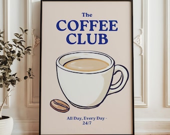 De koffieclub-poster | Retro Coffee Club print, keuken eetkamer decor, keuken muurkunst, trendy koffie kunst aan de muur, digitale download
