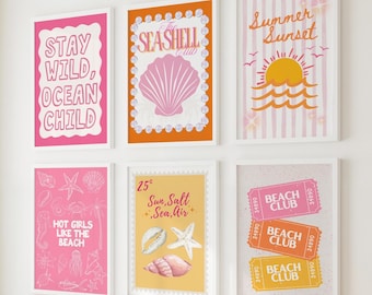 Summer Coastal Gallery Wall Art | Summer Art Prints, Beachy Wall Art, Trendy Beach Art, Seashell Art, Girly Wall Art, Beach Wall Digital Art