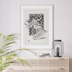 May include: Black and white line art print of a woman dancing in a flowing dress. The woman is surrounded by a vine-like pattern.