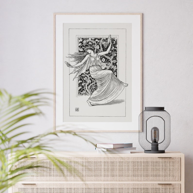 May include: Black and white line art print of a woman dancing in a flowing dress. The woman is surrounded by a vine-like pattern.