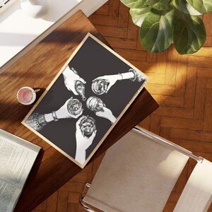May include: Black and white illustration of four hands raising glasses in a toast. The text "Everyone Prints" is visible in the bottom right corner of the image.