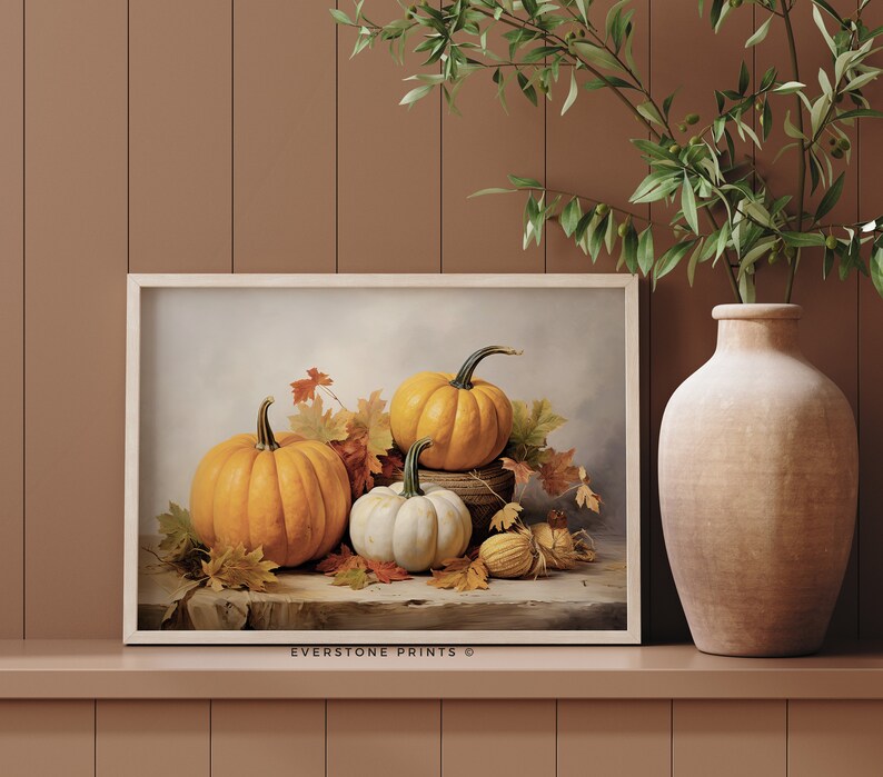 Vintage Pumpkin Still Life Painting | Rustic Fall Art, Autumn Wall ...