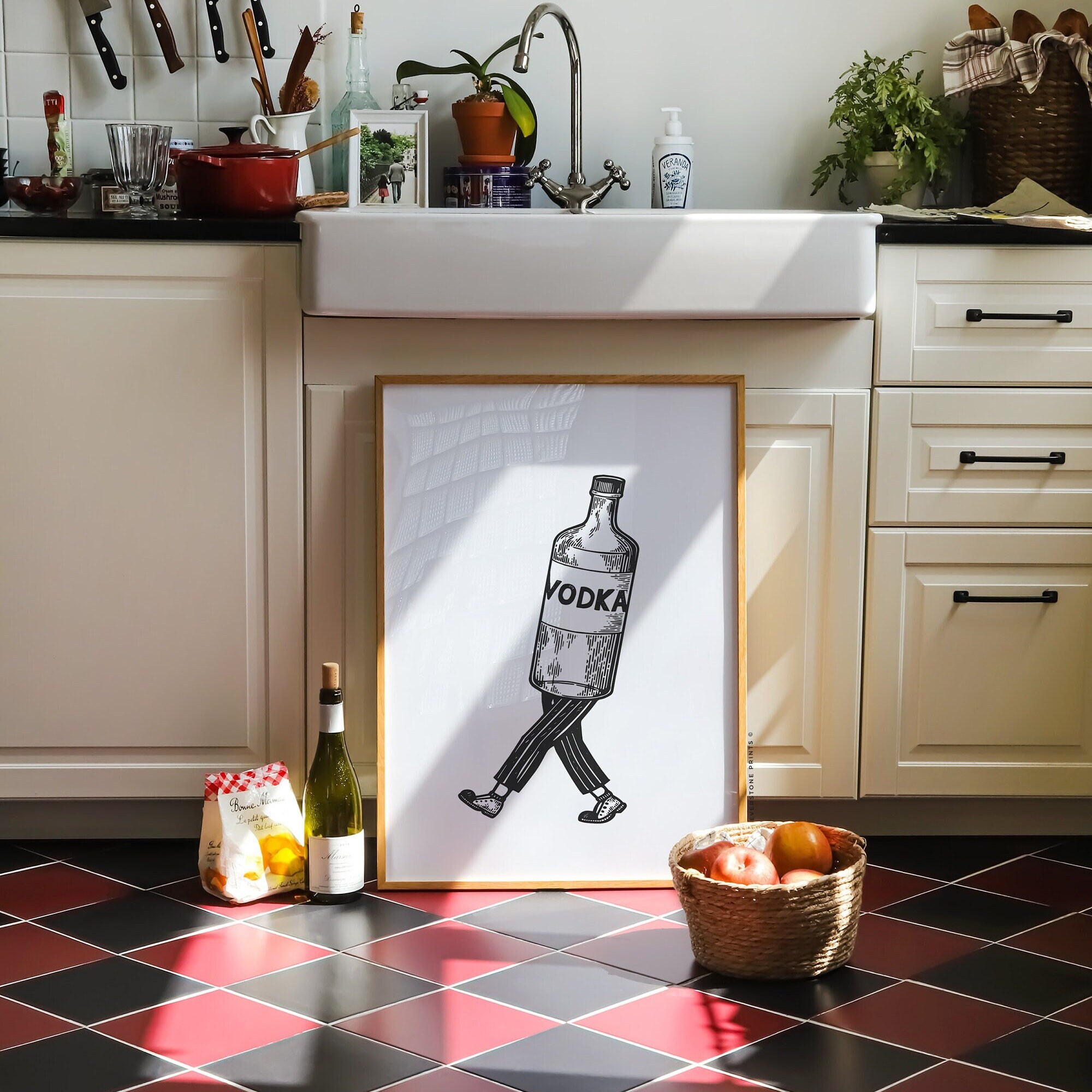 Retro Walking Vodka Art | Bar Cart Art, Kitchen Art, Alcohol Print