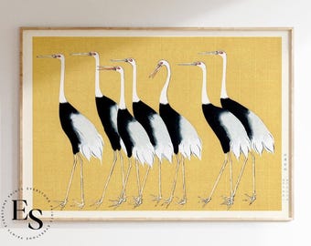 Impresión de grullas vintage / Arte de aves japonesas, Arte mural asiático, Ilustración de grulla, Impresión de Ogata Korin, Arte en amarillo mostaza, Arte mural imprimible