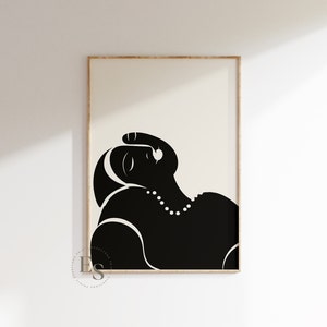 May include: Black and white abstract art print of a woman's silhouette with a necklace. The woman is lying down with her head tilted back.